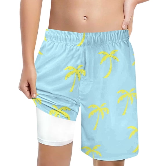 WOYY Boys' Compression Liner Swimming Shorts Coconut Tree Print Swim Trunks, Sizes 5-6