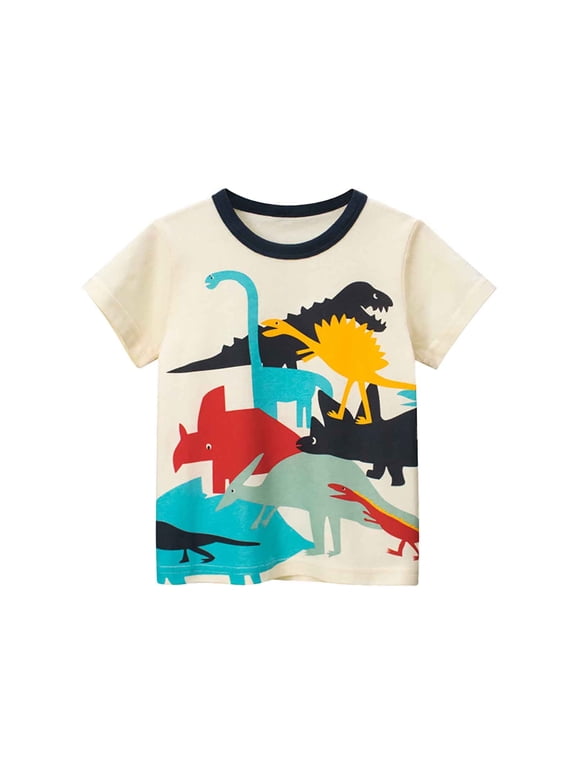 Boys Cotton Dinosaur T-Shirt Cute Short Sleeve Crew Neck T Shirt Tee Top, Beige, Sizes 1-9