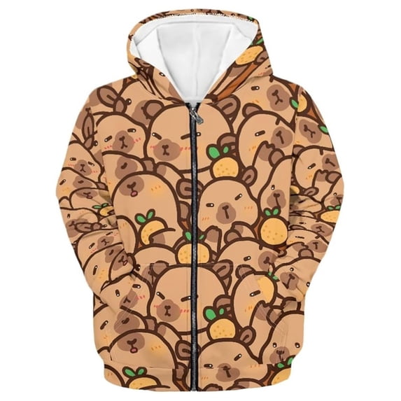 WOYY Boys Cute Capybara Print Zip Up Hoodie Casual Cozy Hooded Sweatshirt Top, Sizes 18-24 Months