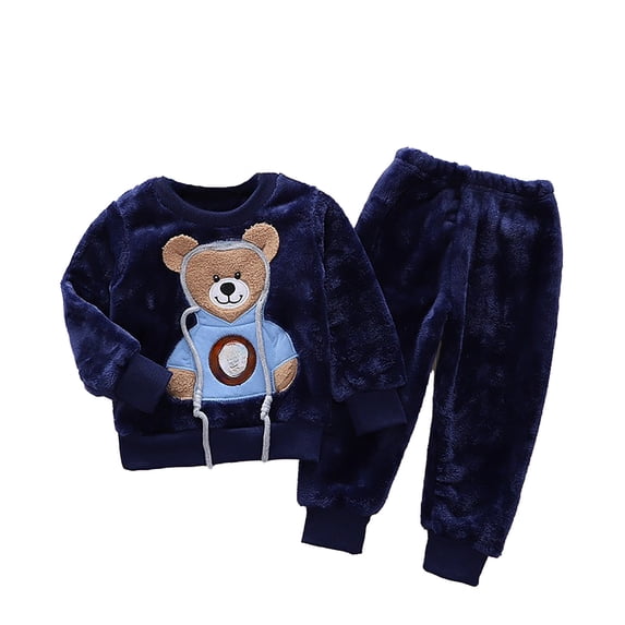 WOYY Boys Cute Flannel Loungewear Set Cartoon Bear Embroidery Long Sleeve Sleepwear Outfits Kids 2Pcs Set, Sizes 1-7