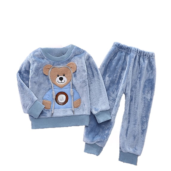 WOYY Boys Cute Flannel Loungewear Set Cartoon Bear Embroidery Long Sleeve Sleepwear Outfits Kids 2Pcs Set, Sizes 1-7