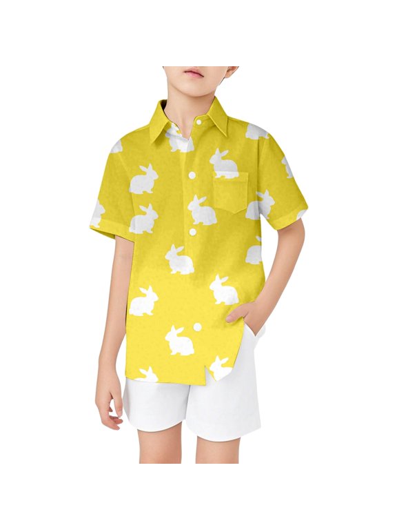 Boys Easter Bunny Shirt Short Sleeve Button Down Shirt with Chest Pocket, Sizes 3-14