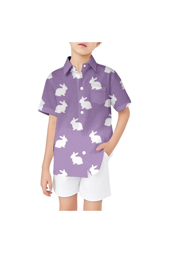 Boys Easter Bunny Shirt Short Sleeve Button Down Shirt with Chest Pocket, Sizes 3-14
