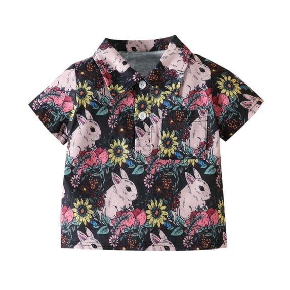 WOYY Boys Easter Button Down Shirt Cartoon Rabbit Print Short Sleeve Casual Shirt