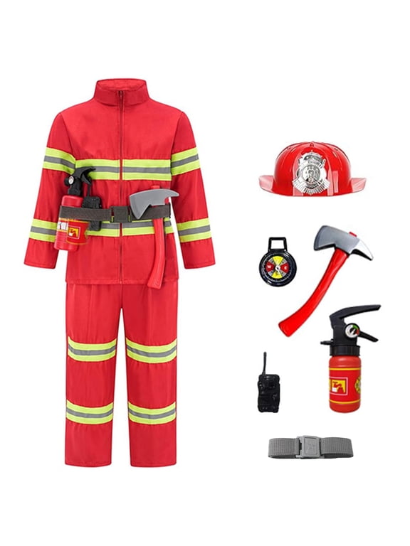 Boys Fireman Co_stume Role Playing Stage Outfits with Accessories for Kids, Sizes 7-8