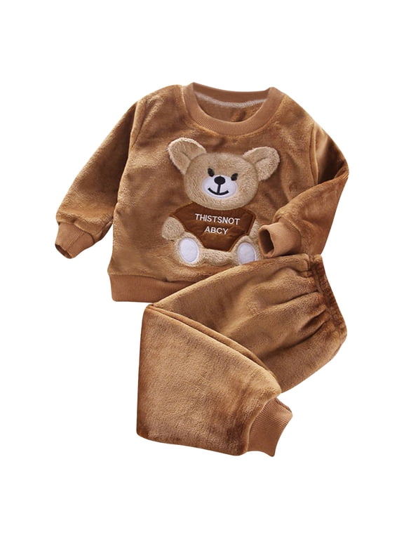 Boys Flannel Pajamas Cute Bear Embroidery Long Sleeve Top Pants Sleepwear, Sizes 6M-6Y