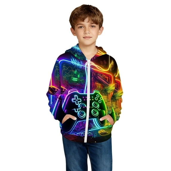 WOYY Boys Gaming Themed Zip Up Hoodie with Graphic Casual Hooded Sweatshirt, Sizes 4-5