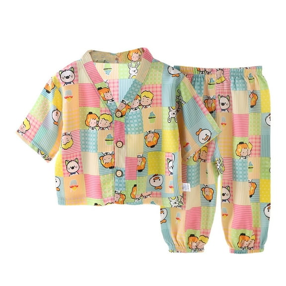 WOYY Boys & Girls Cotton Pajamas V Neck Button Up Shirt & Pants Sleepwear Set, Sizes 1-10