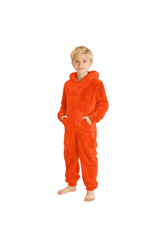 Boys Girls Hooded Jumpsuit Winter Warm Soft Pajama Zipper Onesie, Sizes 5-6