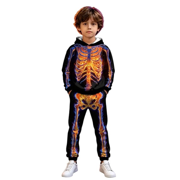 WOYY Boys Halloween Sweatsuit Skeleton Print Hoodie Sweatpants Outfits, Size 2-14