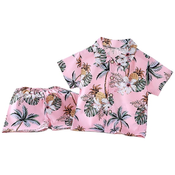 WOYY Boys Hawaii Beach Outfits Summer Tropical Print Short Sleeve Shirt Shorts Set Fashion Kids Clothes, Sizes 1-7