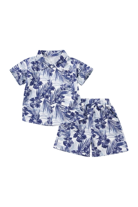 Boys Hawaii Tropical Print Button Down Shirt Shorts Set Summer Beach Outfits Children's Clothes Sets, Sizes 12M-5T