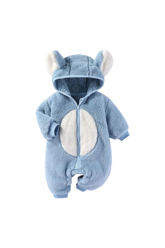 Boys Hooded Jumpsuit Cute Cartoon Fuzzy Romper Winter Warm Playsuit