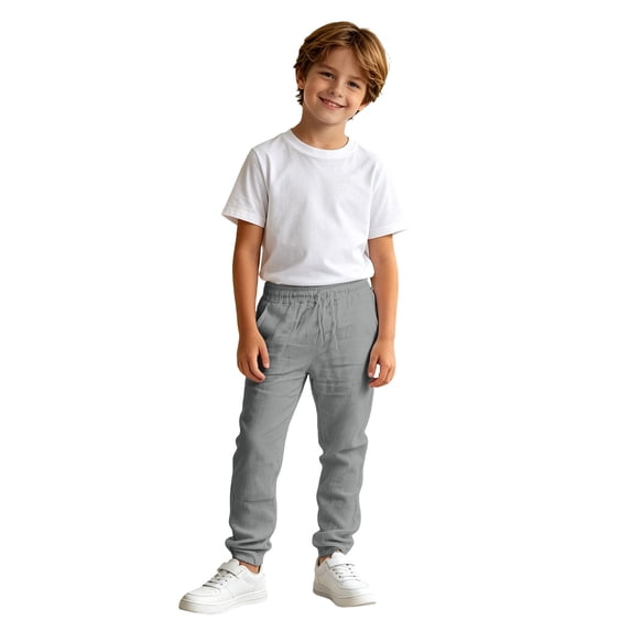 WOYY Boys Linen Pants Elastic Waist Drawstring Pants Summer Lightweight Slacks, Sizes 4-14