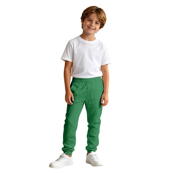WOYY Boys Linen Pants Elastic Waist Drawstring Pants Summer Lightweight Slacks, Sizes 4-14