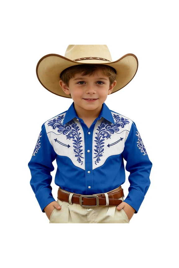 Boys Long Sleeve Cowboy Shirt Vintage Embroidery Button Down Shirt Top, Sizes 4-13