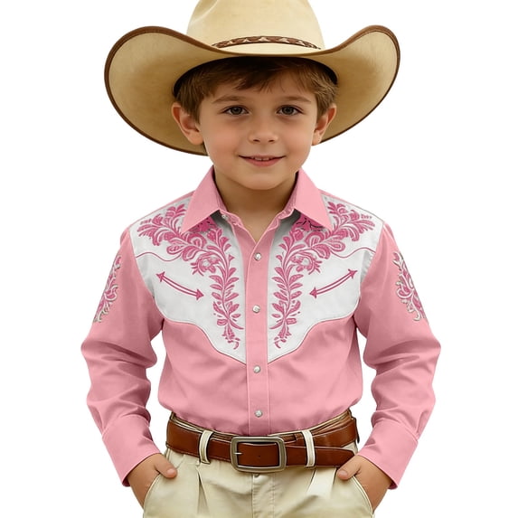 WOYY Boys Long Sleeve Cowboy Shirt Vintage Embroidery Button Down Shirt Top, Sizes 4-13