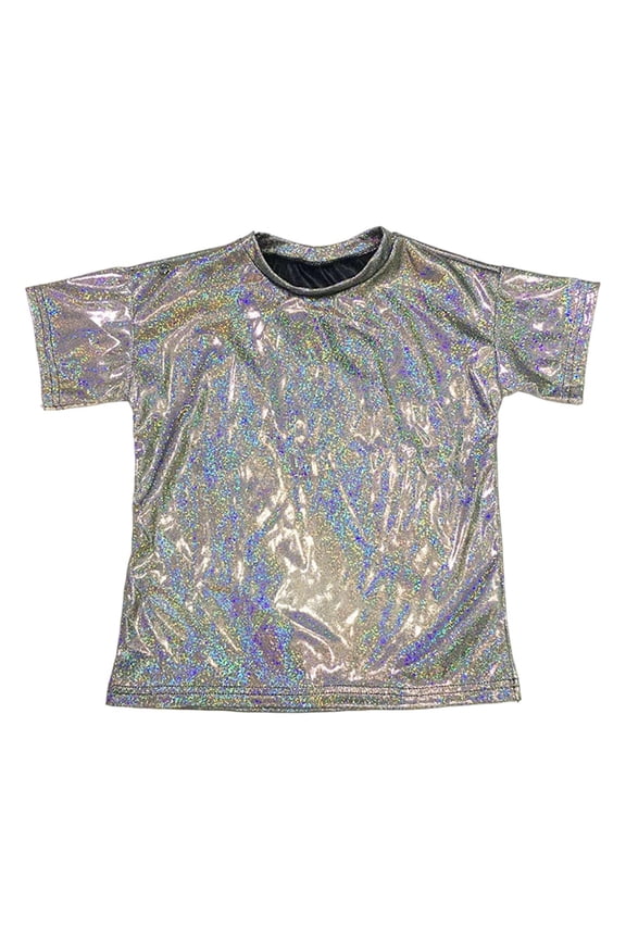 Boys Metallic Dance Shirt Unisex Sequins Print Short Sleeve T-Shirt Tee, Sizes 3-4T