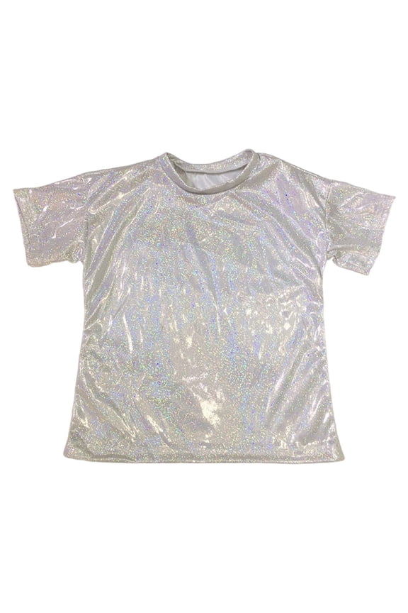 Boys Metallic Dance Shirt Unisex Sequins Print Short Sleeve T-Shirt Tee, Sizes 7-8