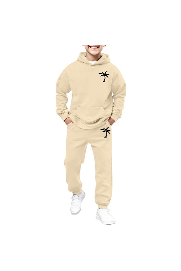 Boys Outfits Coconut Tree Print Pullover Hoodie Sweatpants Set, Sizes 2-13