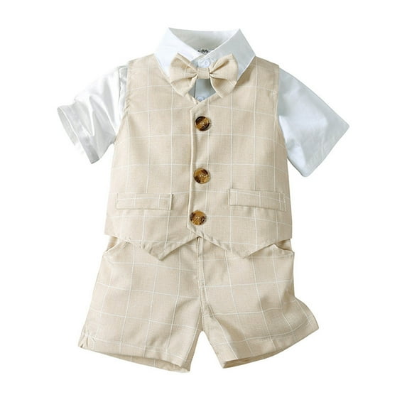 WOYY Boys Outfits Short Sleeve Button Down Shirt Vest Shorts 3Pcs Set, Sizes 2-3