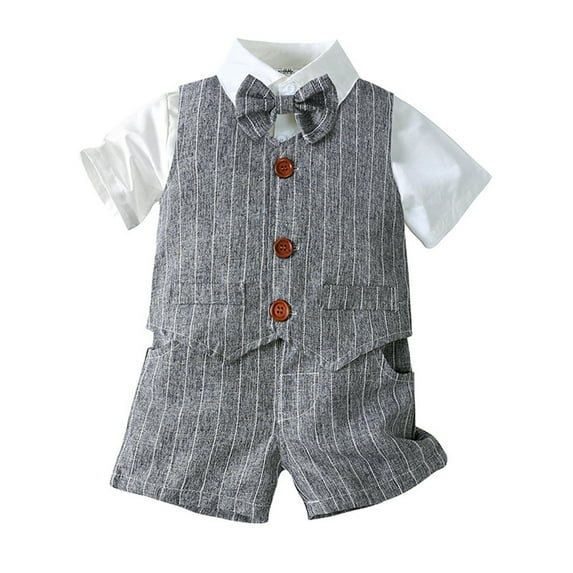 WOYY Boys Outfits Short Sleeve Button Down Shirt Vest Shorts 3Pcs Set, Sizes 2-3