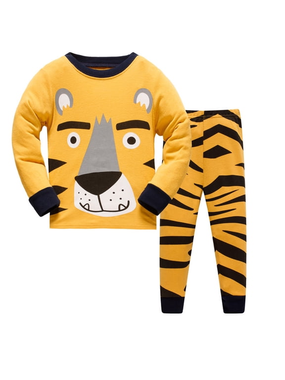 Boys Pajama Set Tiger Print Long Sleeve Top Pants PJs Snug Fit Sleepwear, Sizes 2-8