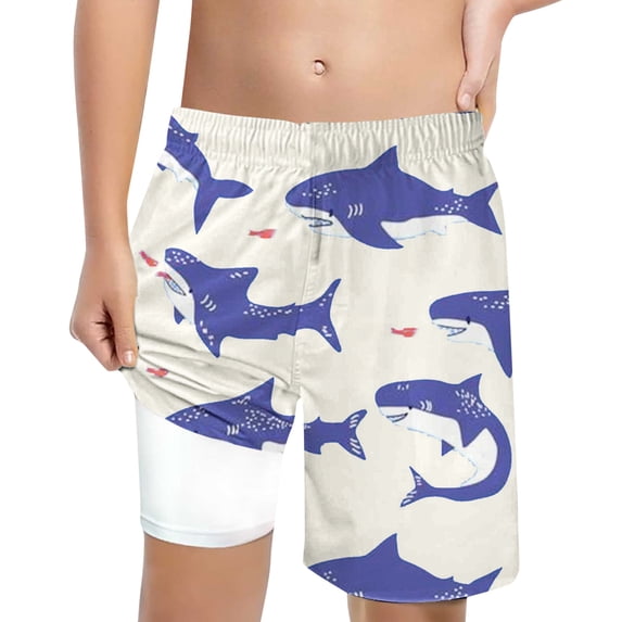 WOYY Boys Quick-Dry Swim Trunks with Compression Liner Shark Print Board Shorts, Sizes 10-12