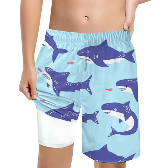 WOYY Boys Quick-Dry Swim Trunks with Compression Liner Shark Print Board Shorts, Sizes 10-12