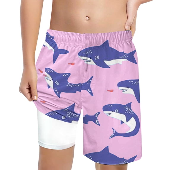 WOYY Boys Quick-Dry Swim Trunks with Compression Liner Shark Print Board Shorts, Sizes 7-8