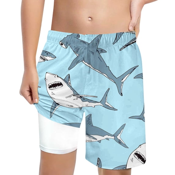 WOYY Boys Quick Drying Shark Print Swim Trunks with Compression Liner Board Shorts, Sizes 14-16