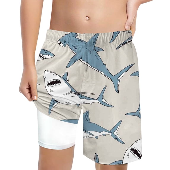 WOYY Boys Quick Drying Shark Print Swim Trunks with Compression Liner Board Shorts, Sizes 8-9