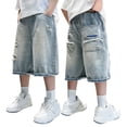 thumbnail image 1 of WOYY Boys Ripped Distressed Denim Shorts Elastic Waist Loose Fit Jean Shorts, Sizes 5-16, 1 of 7