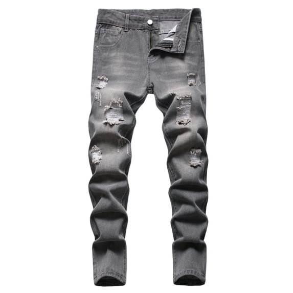 WOYY Boys Fit Ripped Distressed Jeans Streetwear Straight Leg Stretch Denim Pants