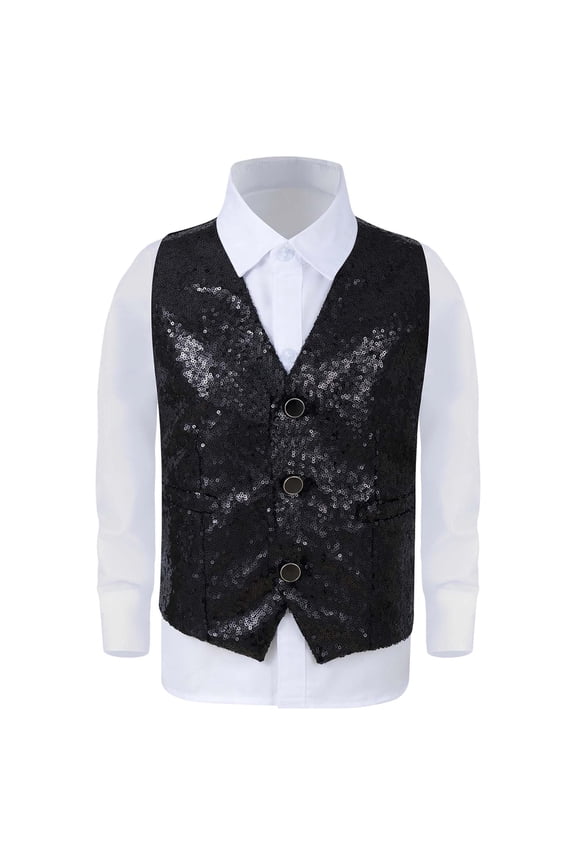 Boys Sparkly Sequins Vest Glitter Party Waistcoat for Stage Performance, Sizes 4-14