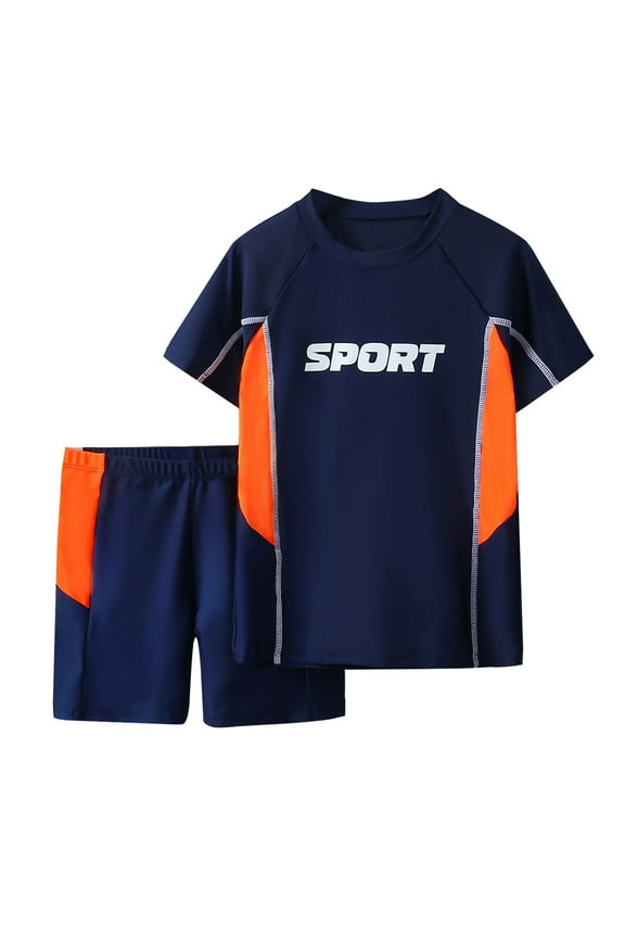 Boys' Sporty Two Piece Swimsuit Short Sleeve Rash Guard & Swim Trunks, Sizes 7-12