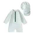thumbnail image 1 of WOYY Boys Striped Long Sleeve Rash Guard One-Piece Swimsuit with Hat 2Pcs Set, Sizes 6-12 Months, 1 of 7