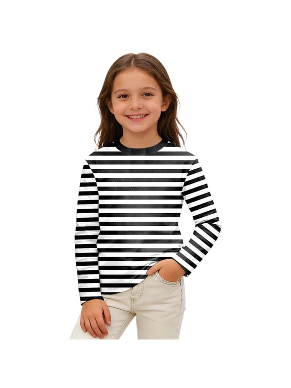 Boys Striped Long Sleeve T-Shirt Kids Unisex Casual Crewneck T Shirt Top, Black, Sizes 3-14