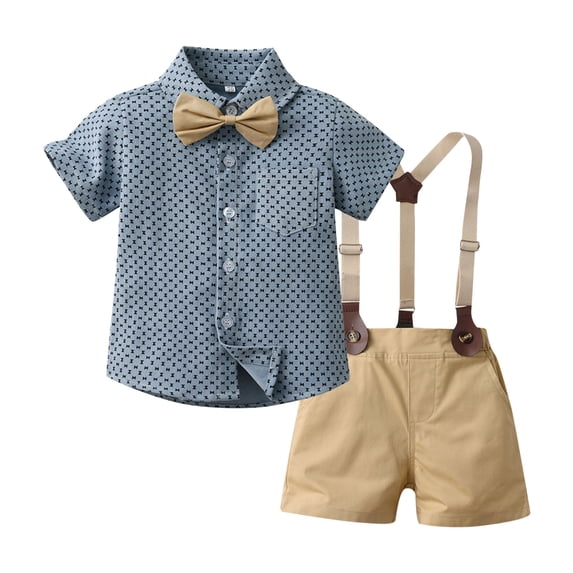 WOYY Boys Summer Clothes Set Short Sleeve Button Down Shirt Suspenders Shorts Outfits, Sizes 6M-4T