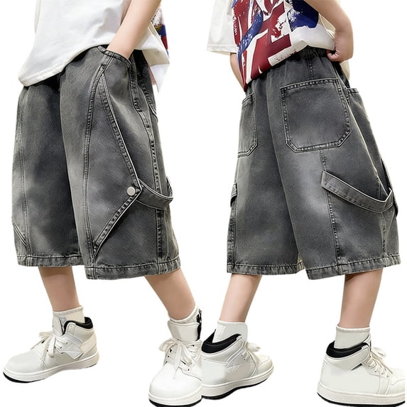 WOYY Boys Summer Elastic Waist Jean Shorts Baggy Denim Shorts with Pockets, Sizes 5-16