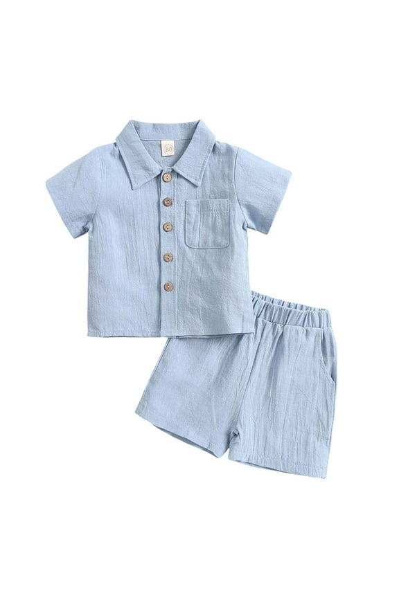 Boys Summer Outfits Cotton Linen Short Sleeve Button Shirt Shorts Set, Sizes 1-12