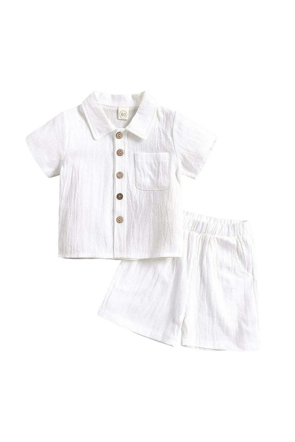 Boys Summer Outfits Linen Short Sleeve Button Up Shirt and Shorts Set Kids Clothing Sets, Sizes 2-3