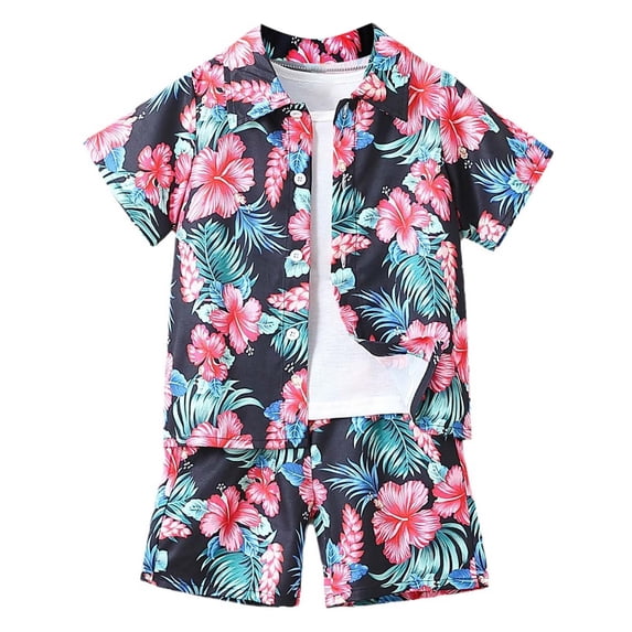 WOYY Boys Summer Outfits Tropical Print Beach Short Sleeve Button Up Shirt Shorts Set Children's Clothes Sets, Sizes 3-4
