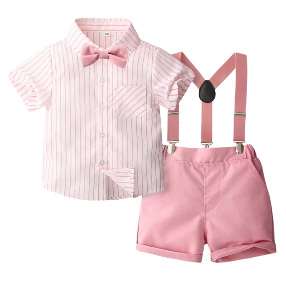 WOYY Boys Summer Suit Striped Short Sleeve Shirt Suspenders Shorts Outfits, Sizes 4-5