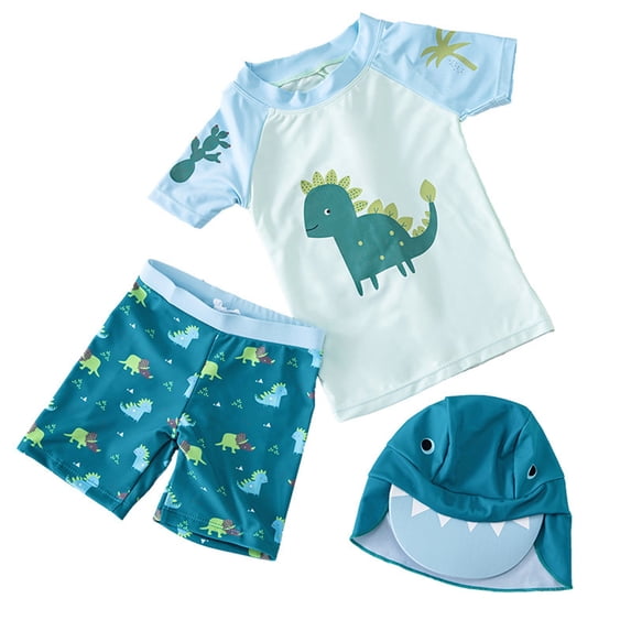 WOYY Boys Swimsuit Cartoon Dinosaur Short Sleeve Rashguard Shorts Hat 3Pcs Set, Sizes 2-3