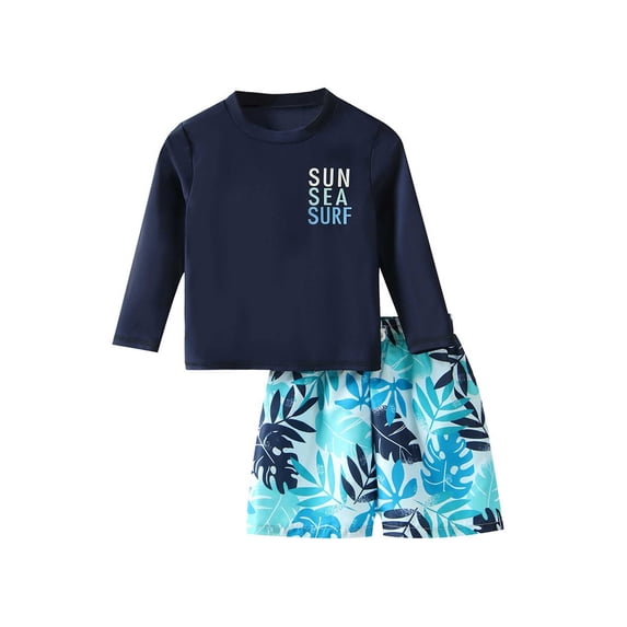 WOYY Boys Swimsuit Long Sleeve Rash Guard Swim Shorts 2-Piece Bathing Suit, Sizes 3-7