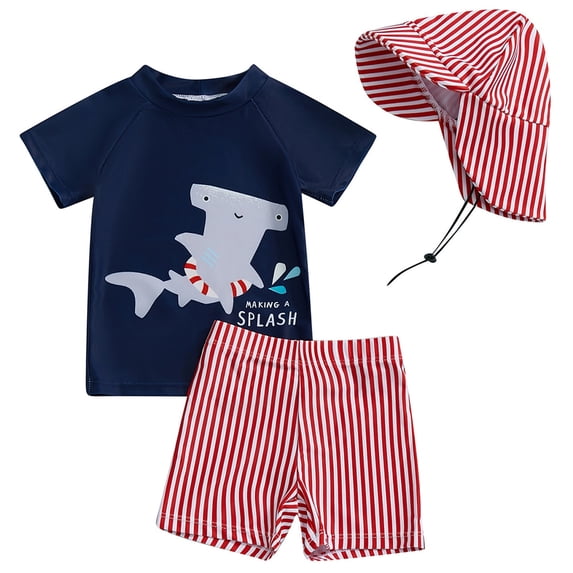 WOYY Boys Swimwear Shark Print Short Sleeve Rashguard Shorts Hat 3Pcs Set, Sizes 18-24 Months