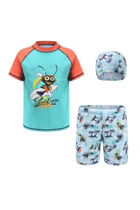 Boys Swimwear Short Sleeve Rash Guard Swim Trunks Swimming Cap Bathing Suit, 3-Piece, Sizes 5-6