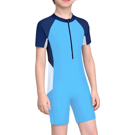 WOYY Boys Swimwear UPF 50+ Zipper Short Sleeve Rash Guard One-Piece Swimsuit, Sizes 8-13