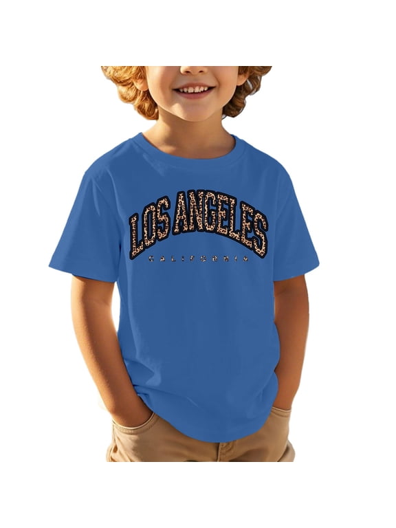 Boys T Shirt Los Angeles Print Short Sleeve Crew Neck T-Shirt Casual Tee, Blue, Sizes 3-13